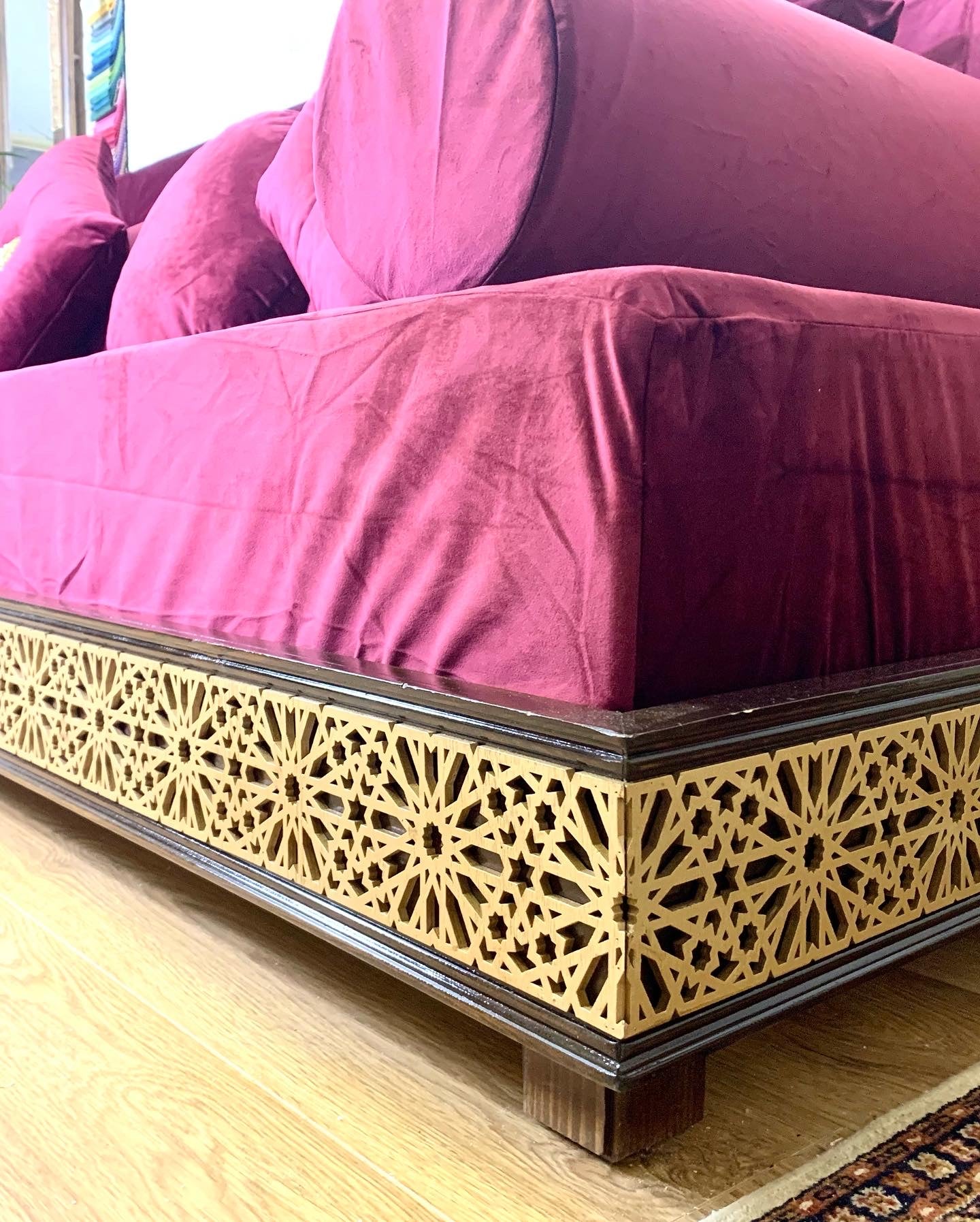 Luxurious Arabesque Moroccan Sofa Moroccan Daybed with carvings in Burgundy Velvet.