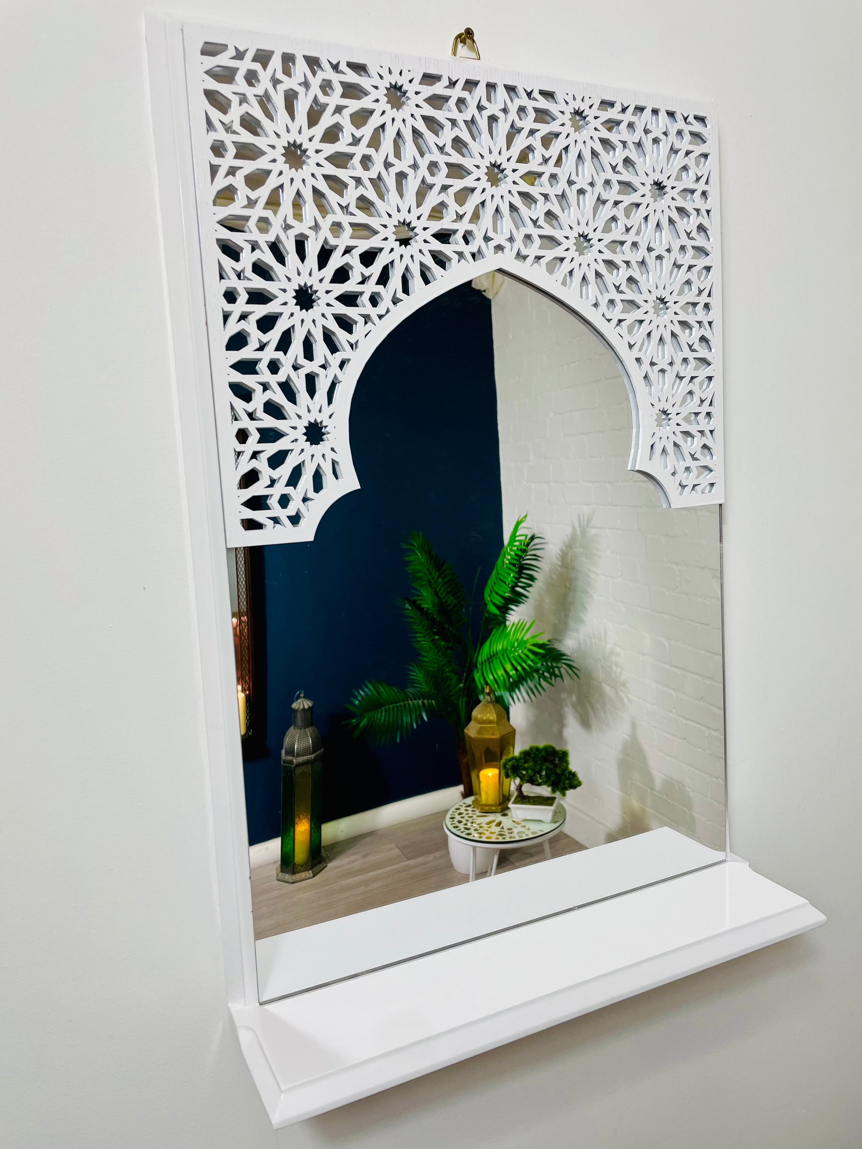 White Moroccan Arch Mirror Shelf  with Acrylic Mirror 