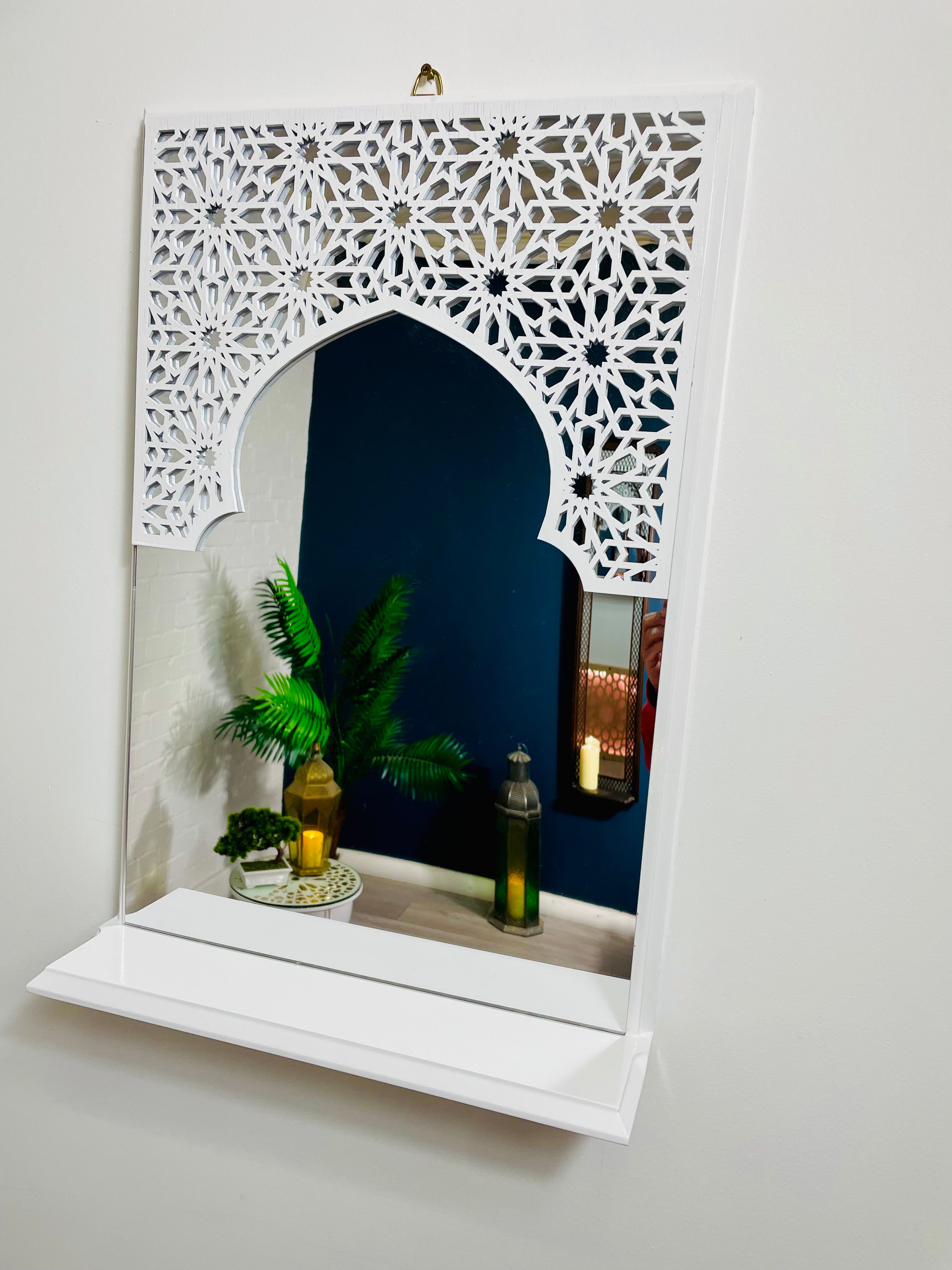 White Moroccan Arch Mirror Shelf  with Acrylic Mirror 