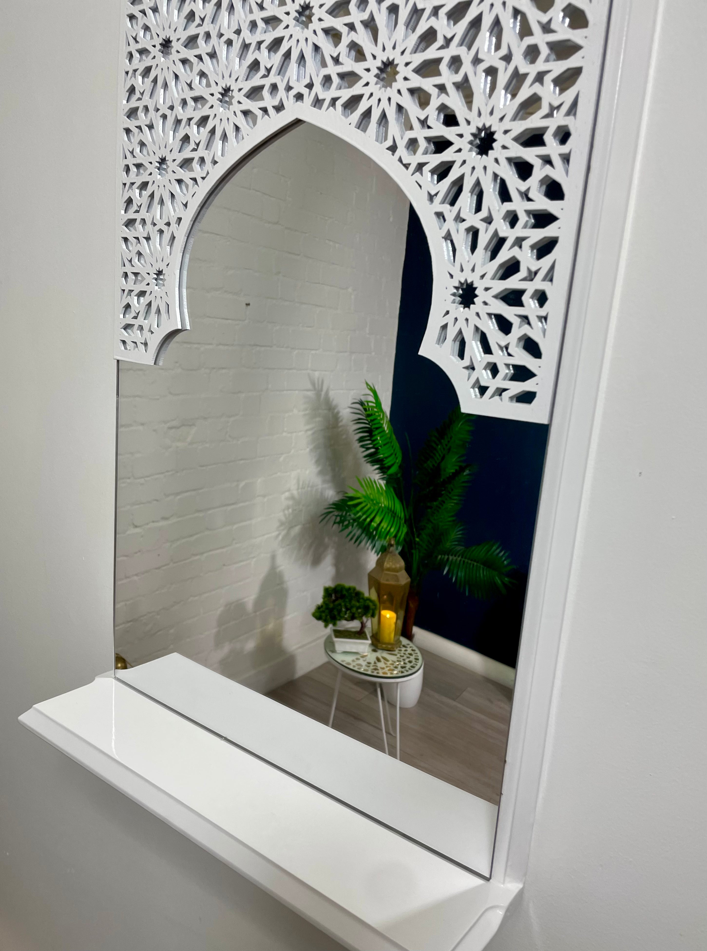 White Moroccan Arch Mirror Shelf  with Acrylic Mirror 