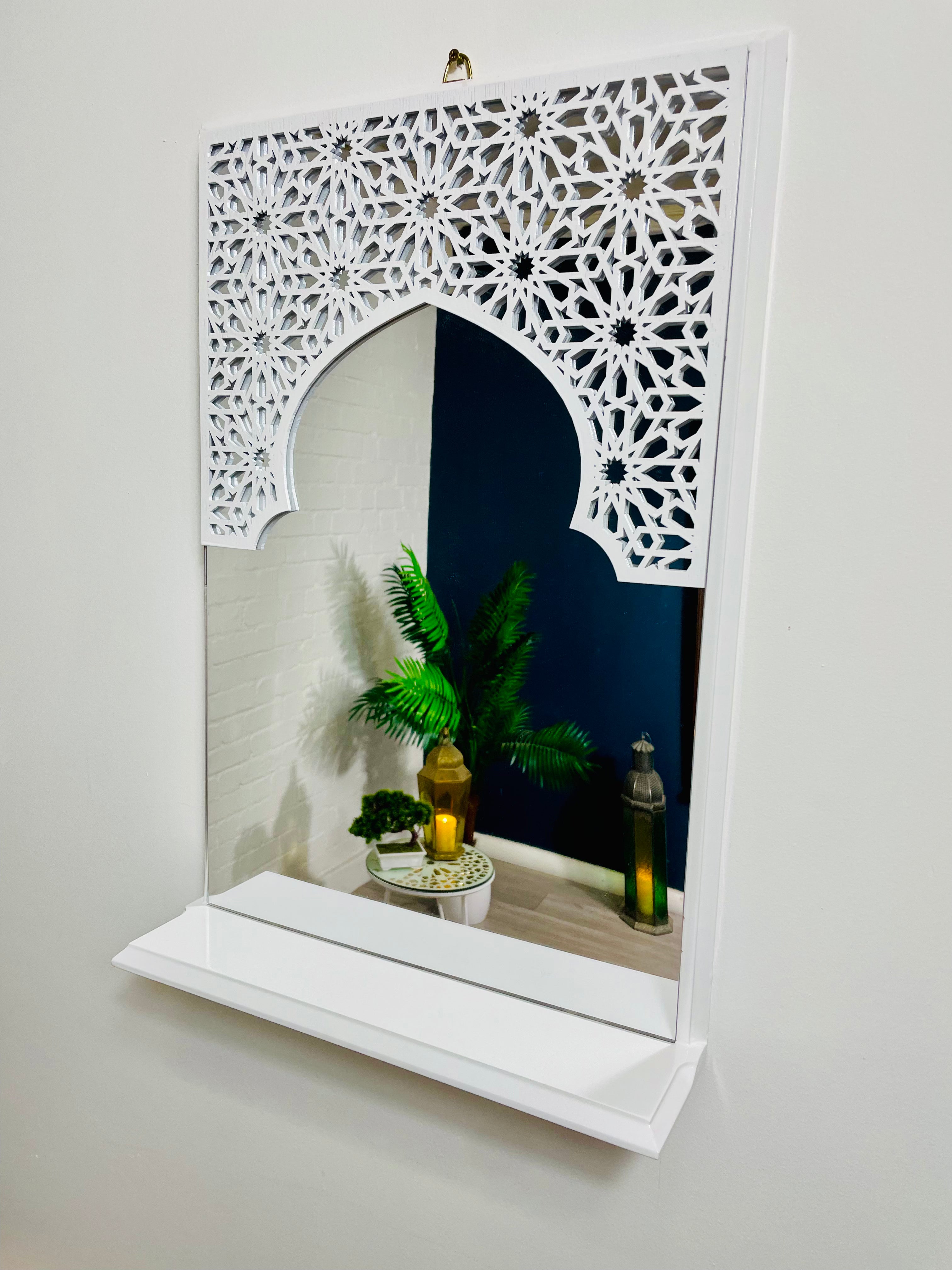 White Moroccan Arch Mirror Shelf  with Acrylic Mirror 