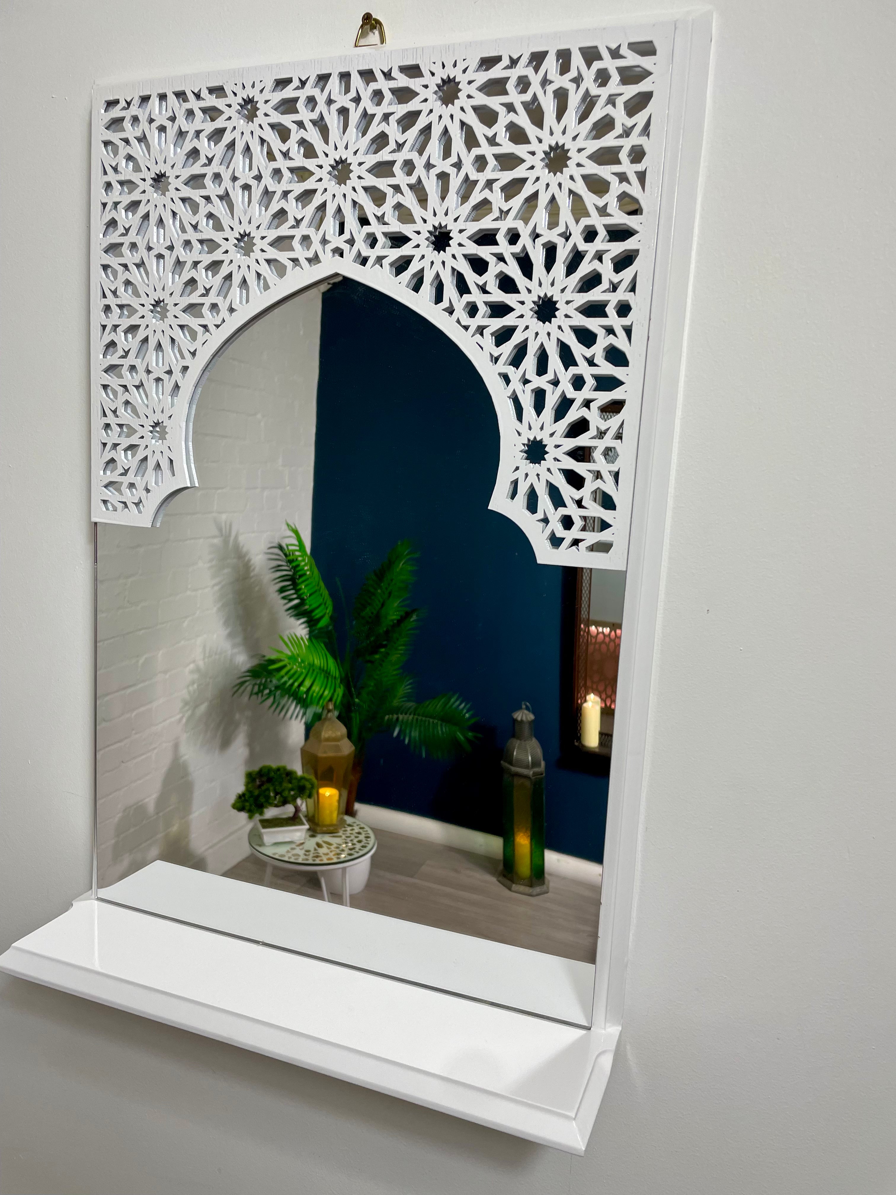 White Moroccan Arch Mirror Shelf  with Acrylic Mirror 