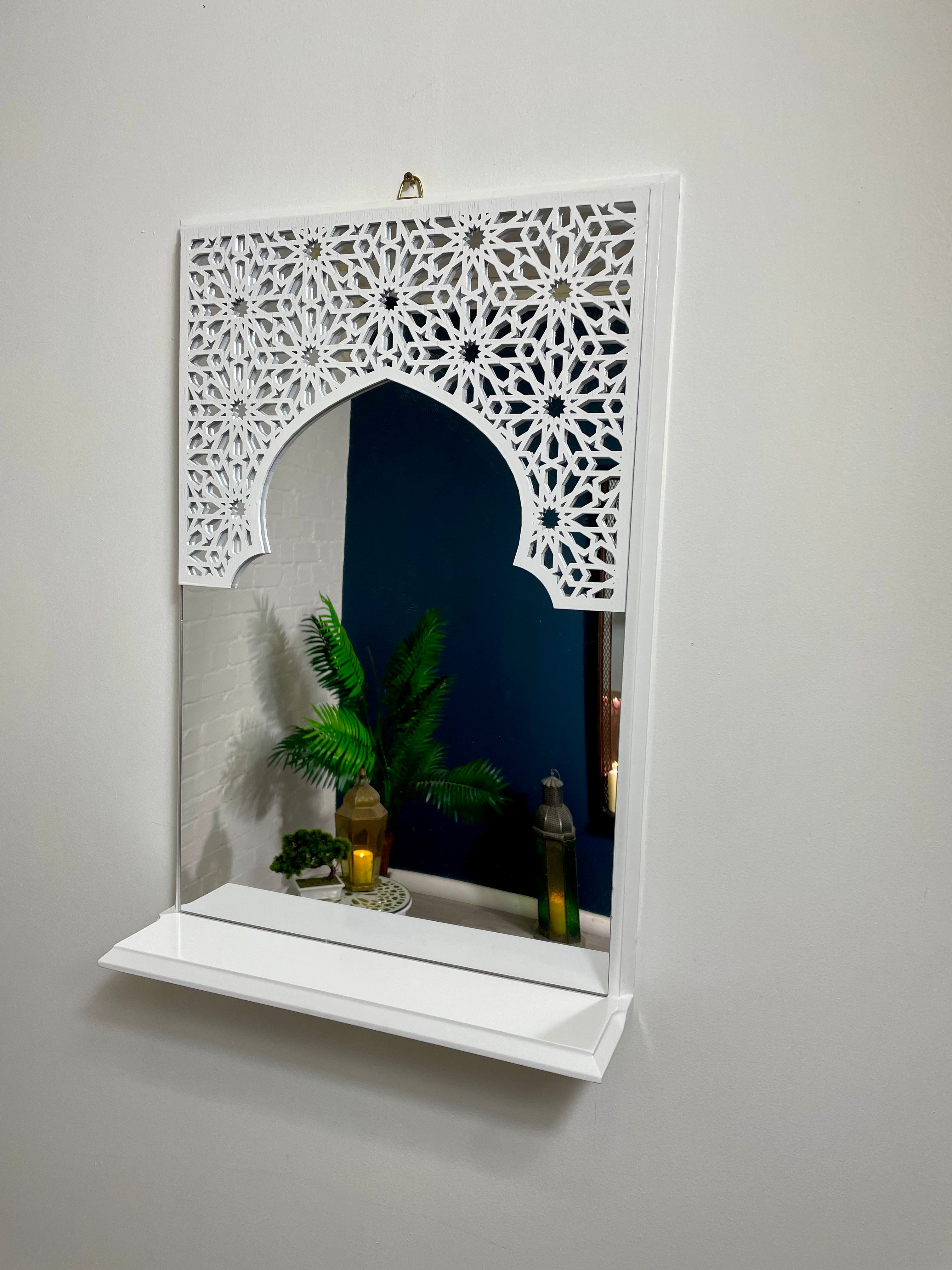 White Moroccan Arch Mirror Shelf  with Acrylic Mirror 