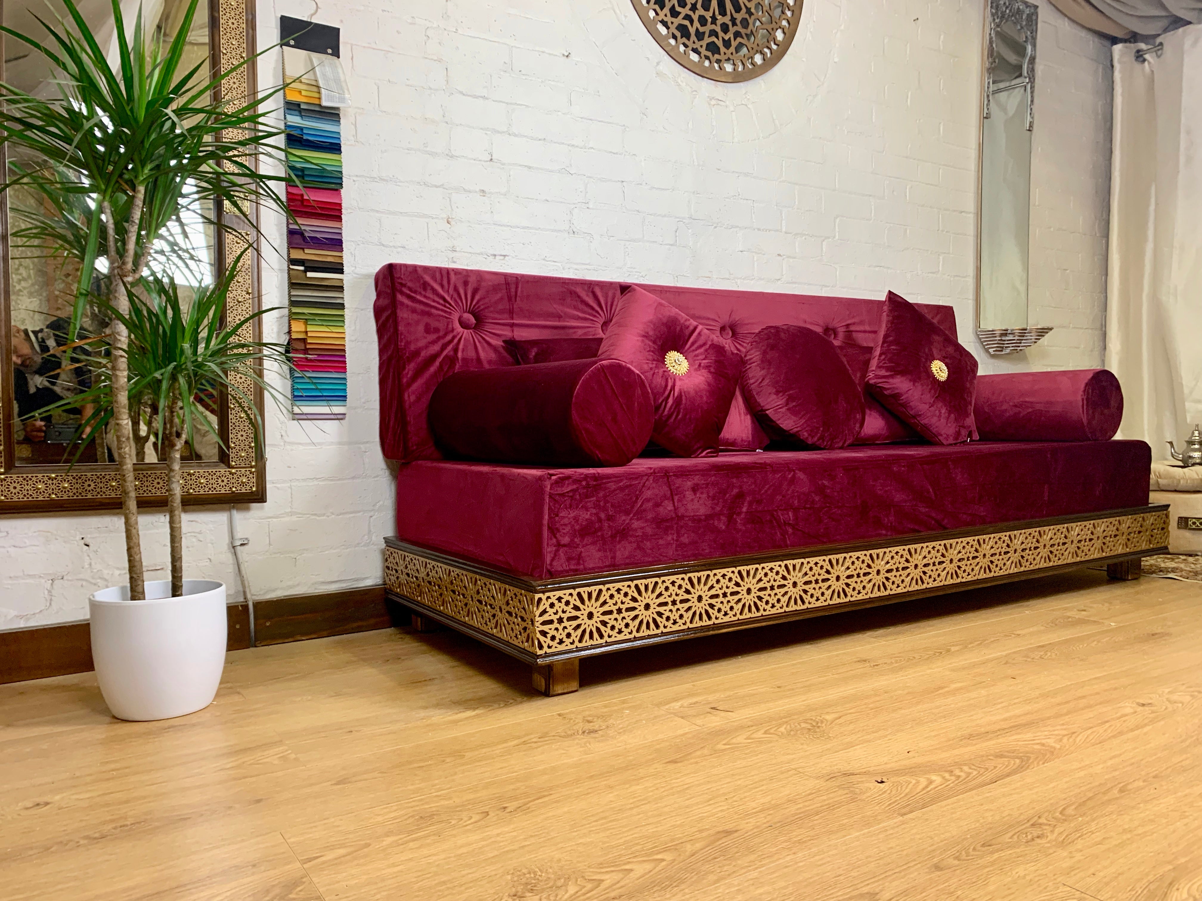 Luxurious Arabesque Moroccan Sofa Moroccan Daybed with carvings in Burgundy Velvet.