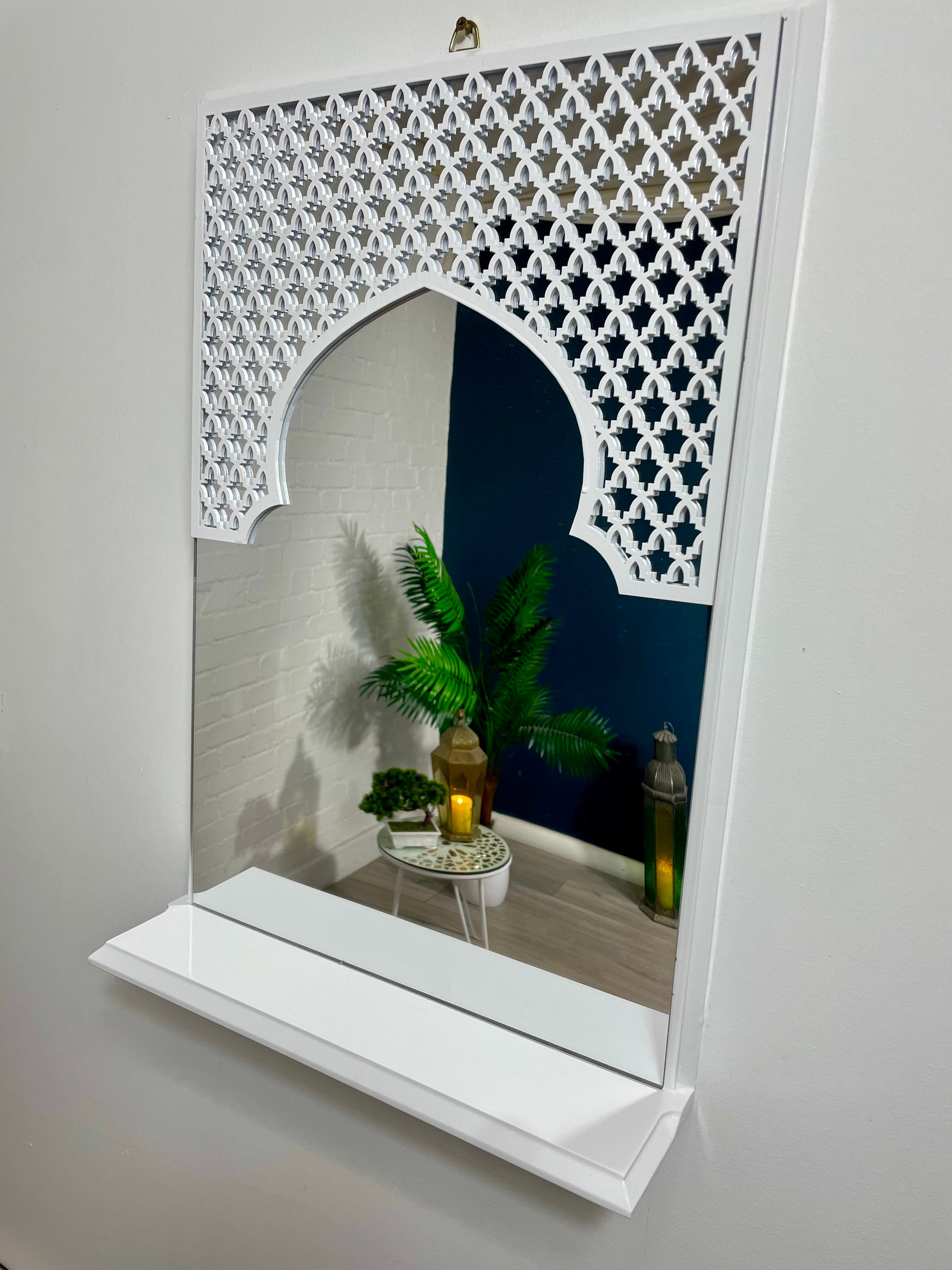 White Moroccan Arch Mirror Shelf  with Acrylic Mirror 