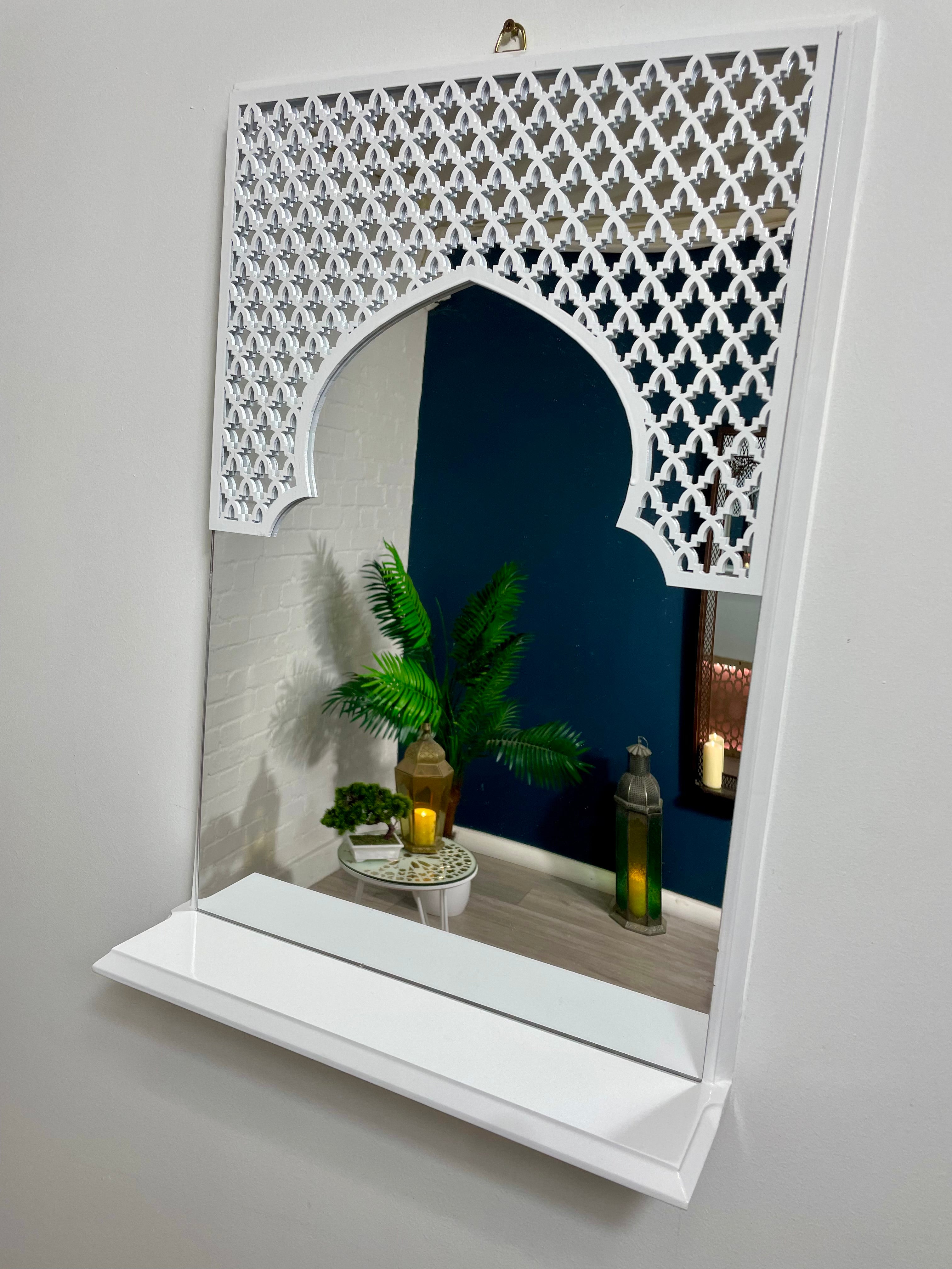 White Moroccan Arch Mirror Shelf  with Acrylic Mirror 