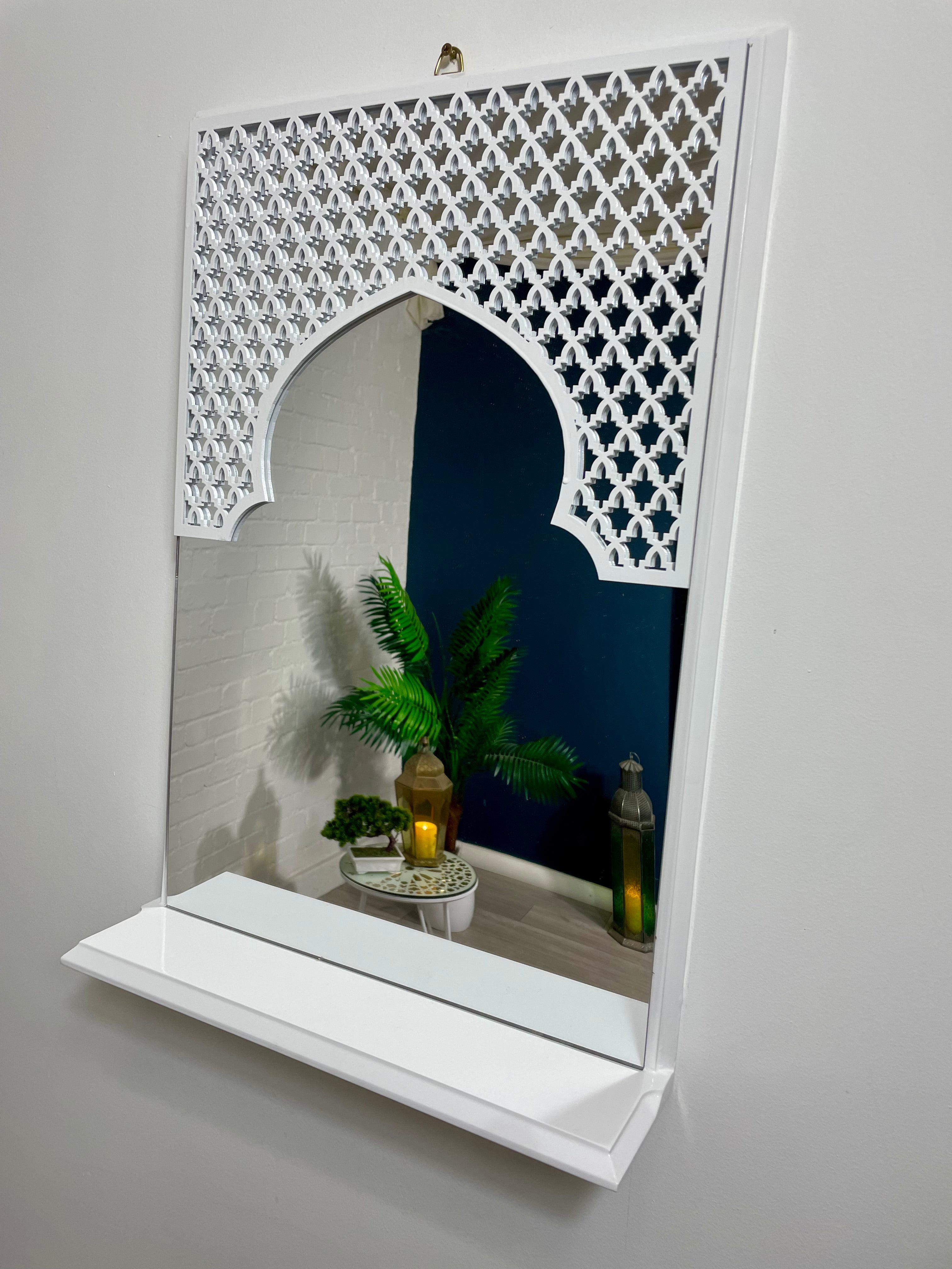 White Moroccan Arch Mirror Shelf  with Acrylic Mirror 