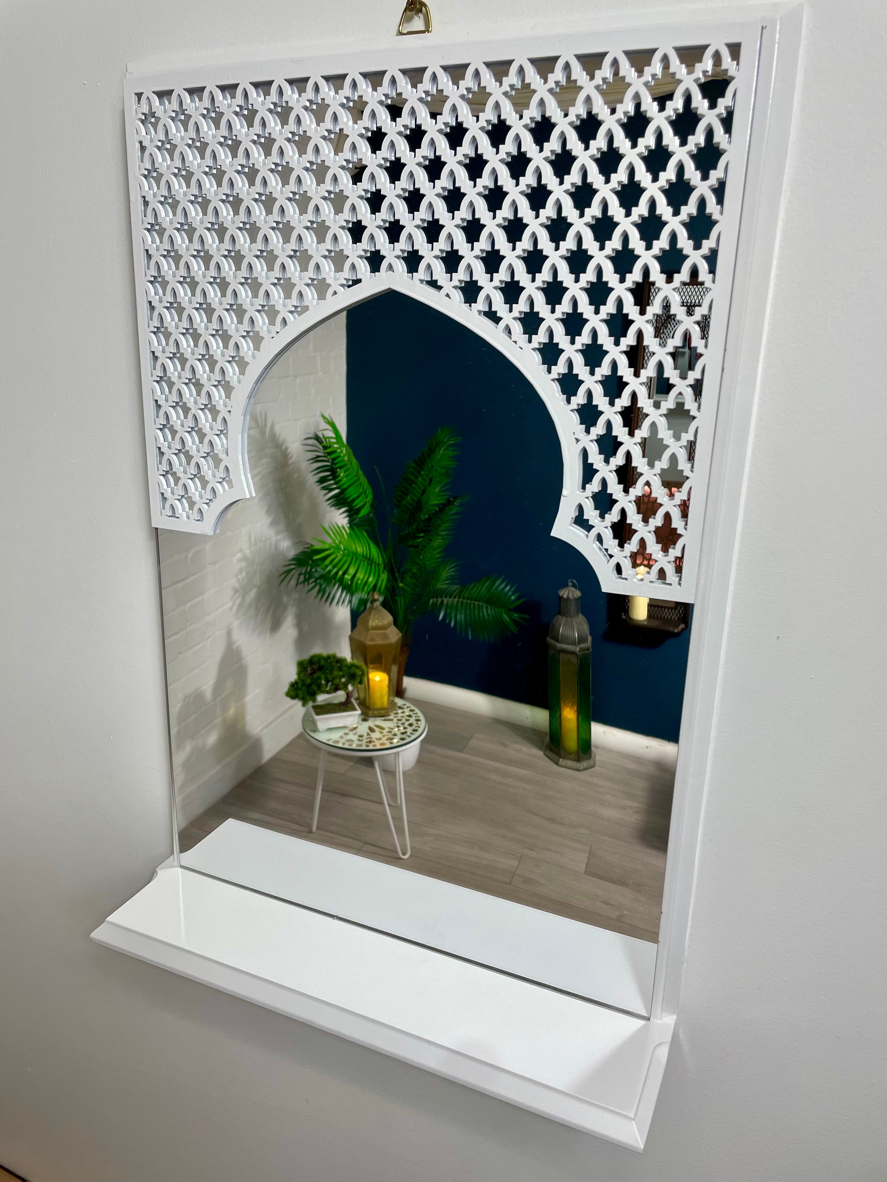 White Moroccan Arch Mirror Shelf  with Acrylic Mirror 