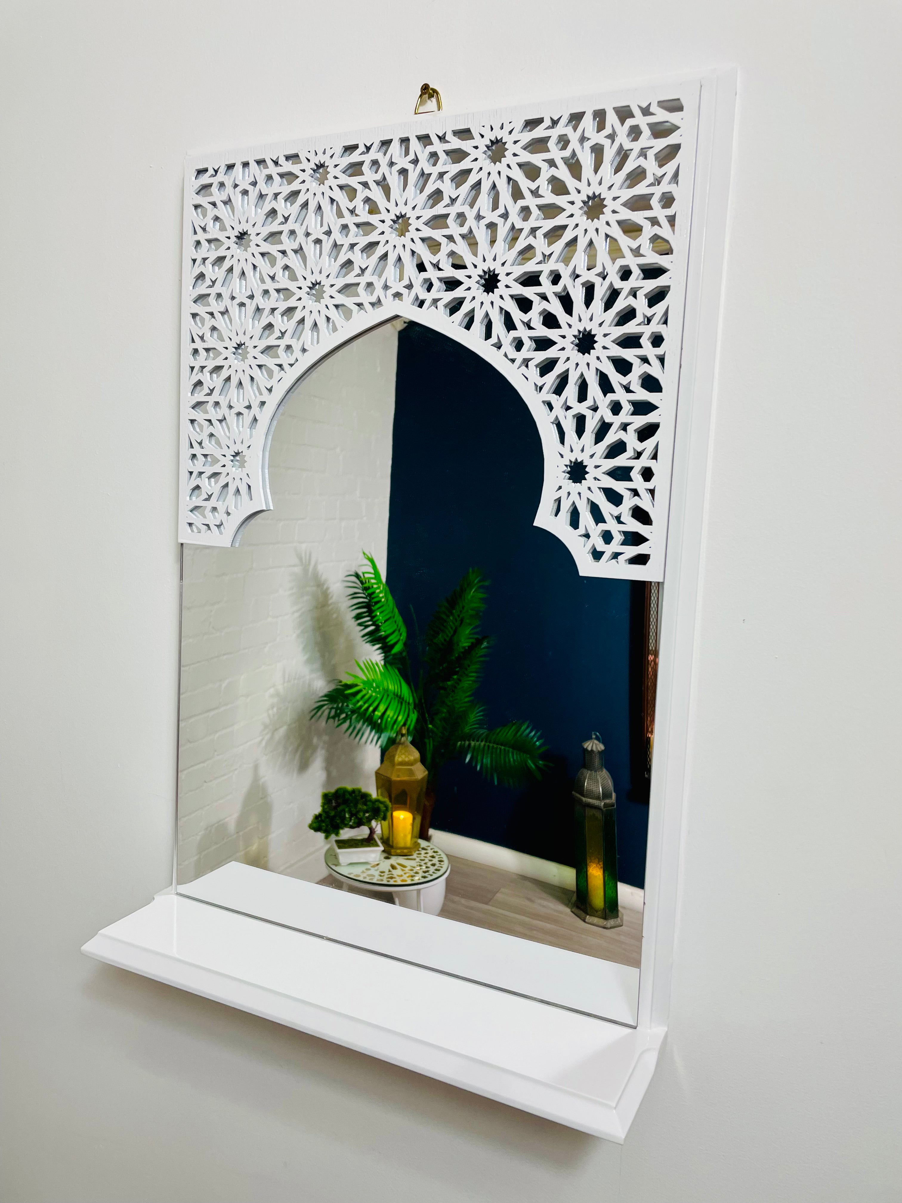 White Moroccan Arch Mirror Shelf  with Acrylic Mirror 