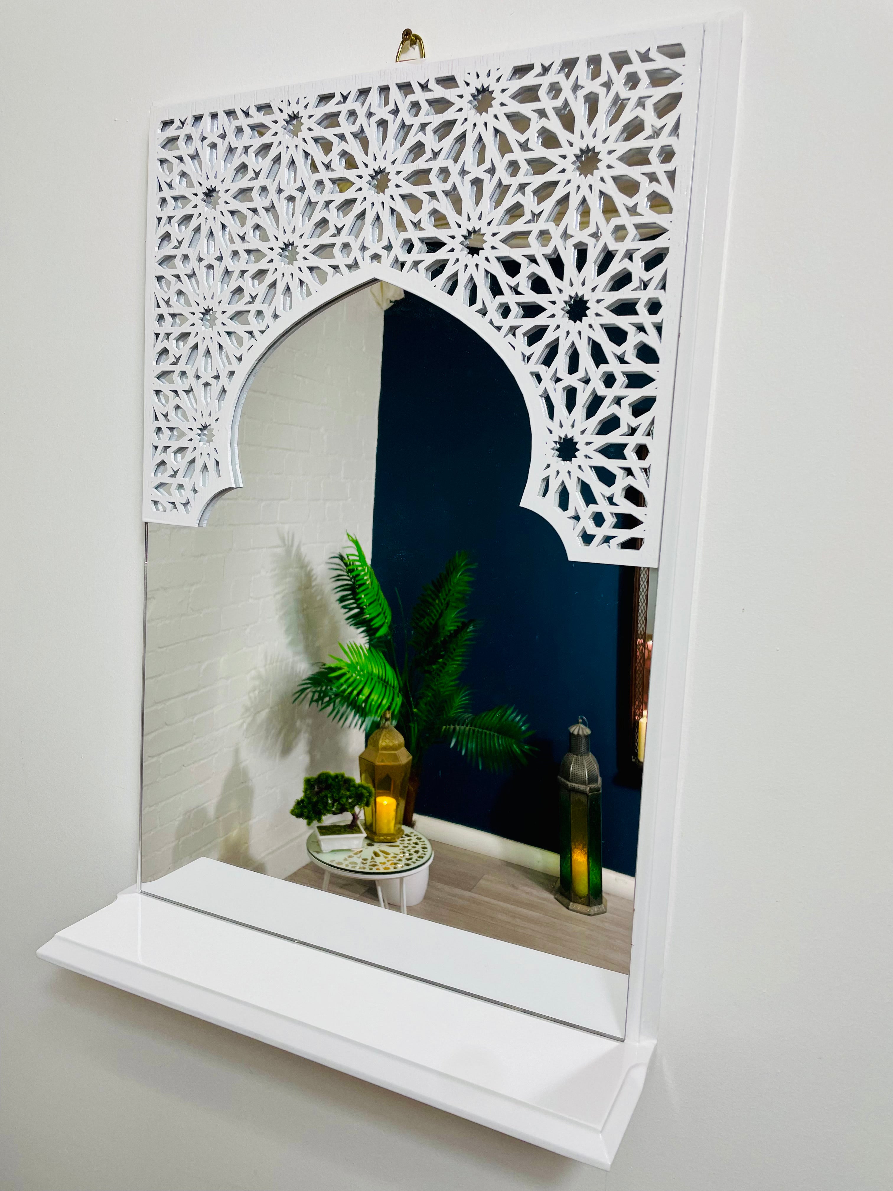 White Moroccan Arch Mirror Shelf  with Acrylic Mirror 