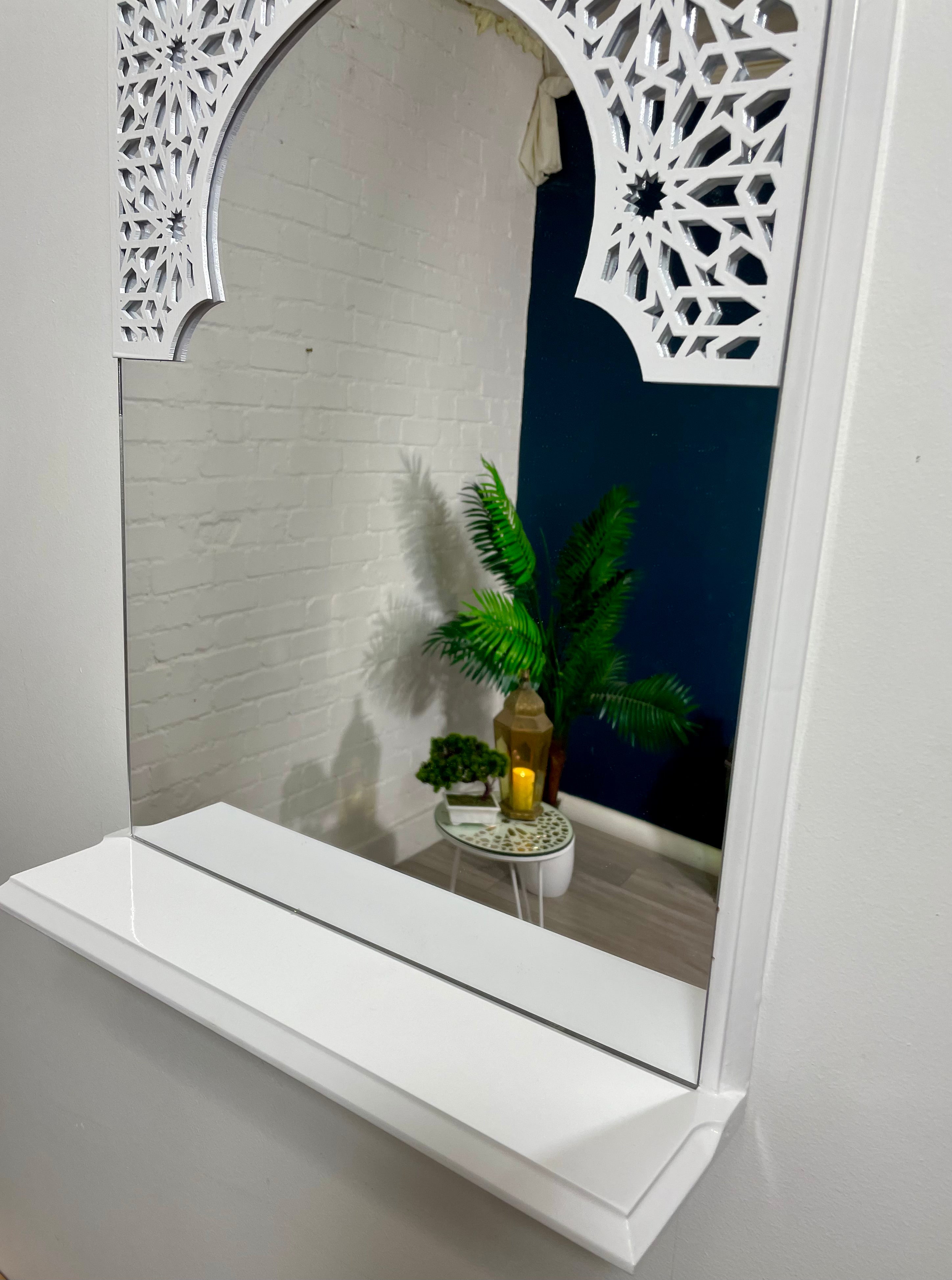 White Moroccan Arch Mirror Shelf  with Acrylic Mirror 