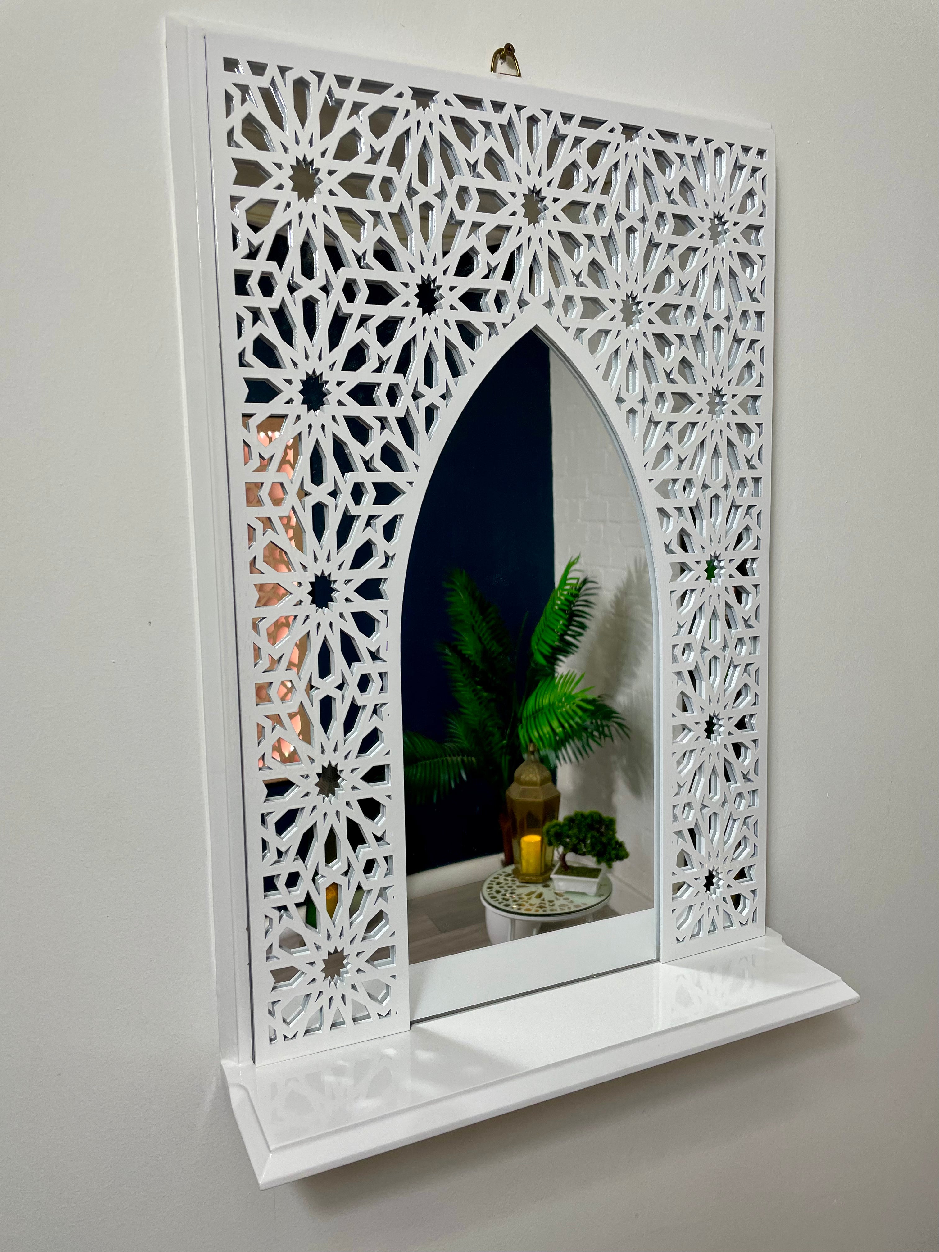 White Moroccan Arch Mirror Shelf  with Acrylic Mirror Safe for Kids Room