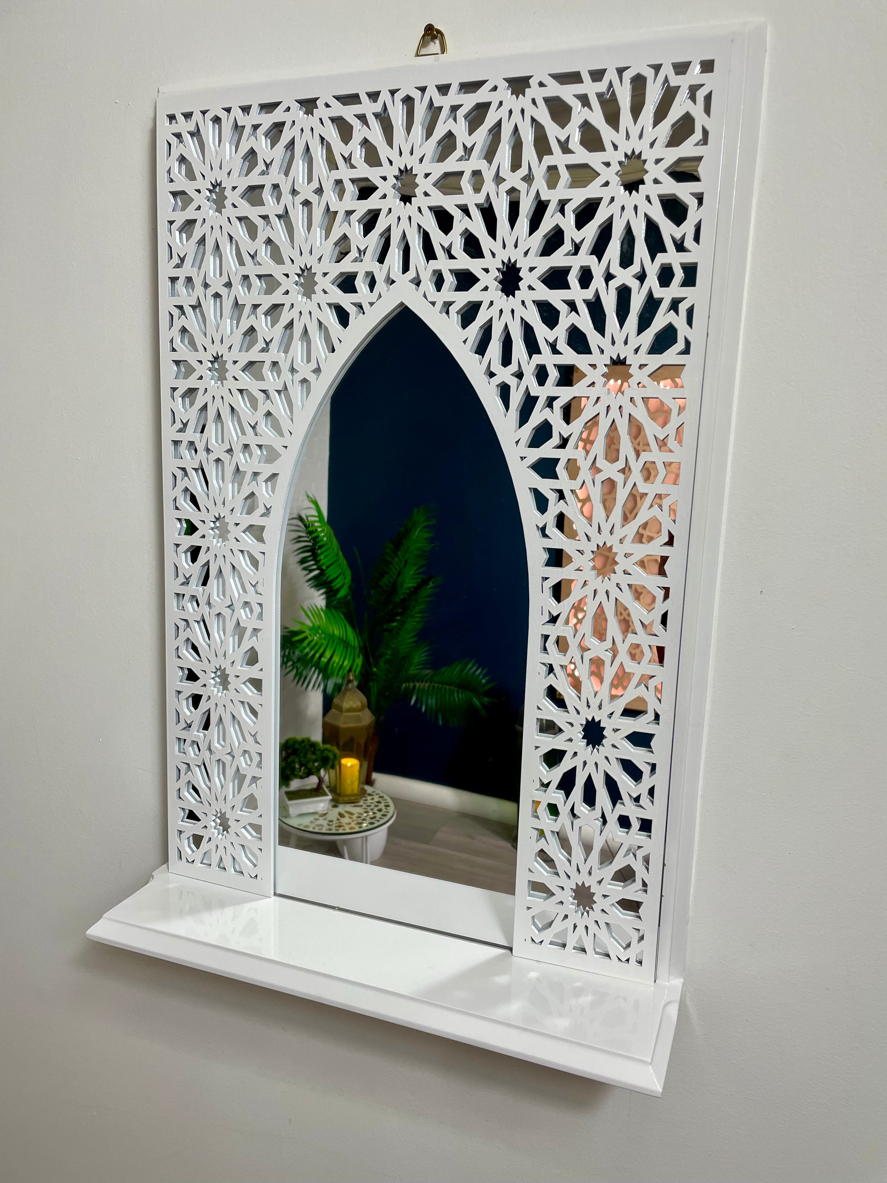 White Moroccan Arch Mirror Shelf  with Acrylic Mirror Safe for Kids Room