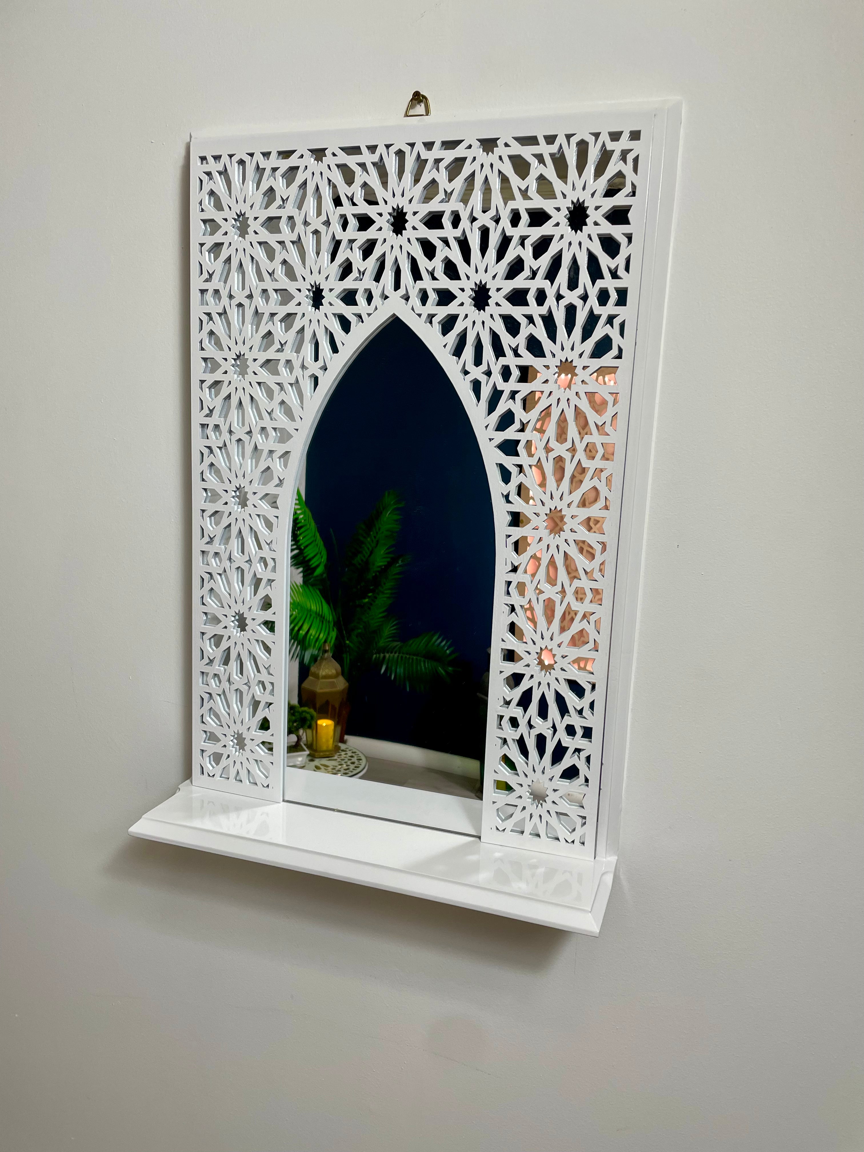 White Moroccan Arch Mirror Shelf  with Acrylic Mirror Safe for Kids Room