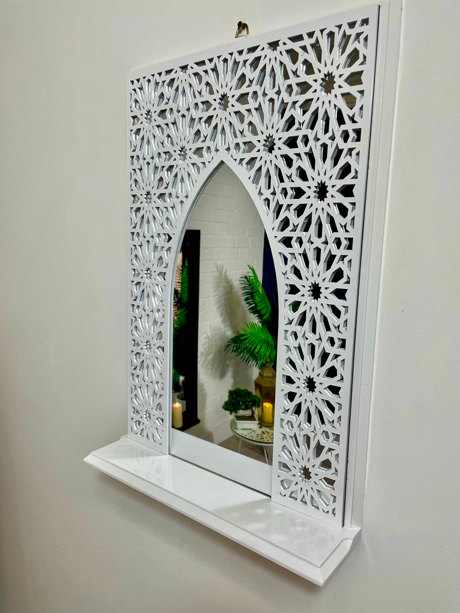 White Moroccan Arch Mirror Shelf  with Acrylic Mirror Safe for Kids Room