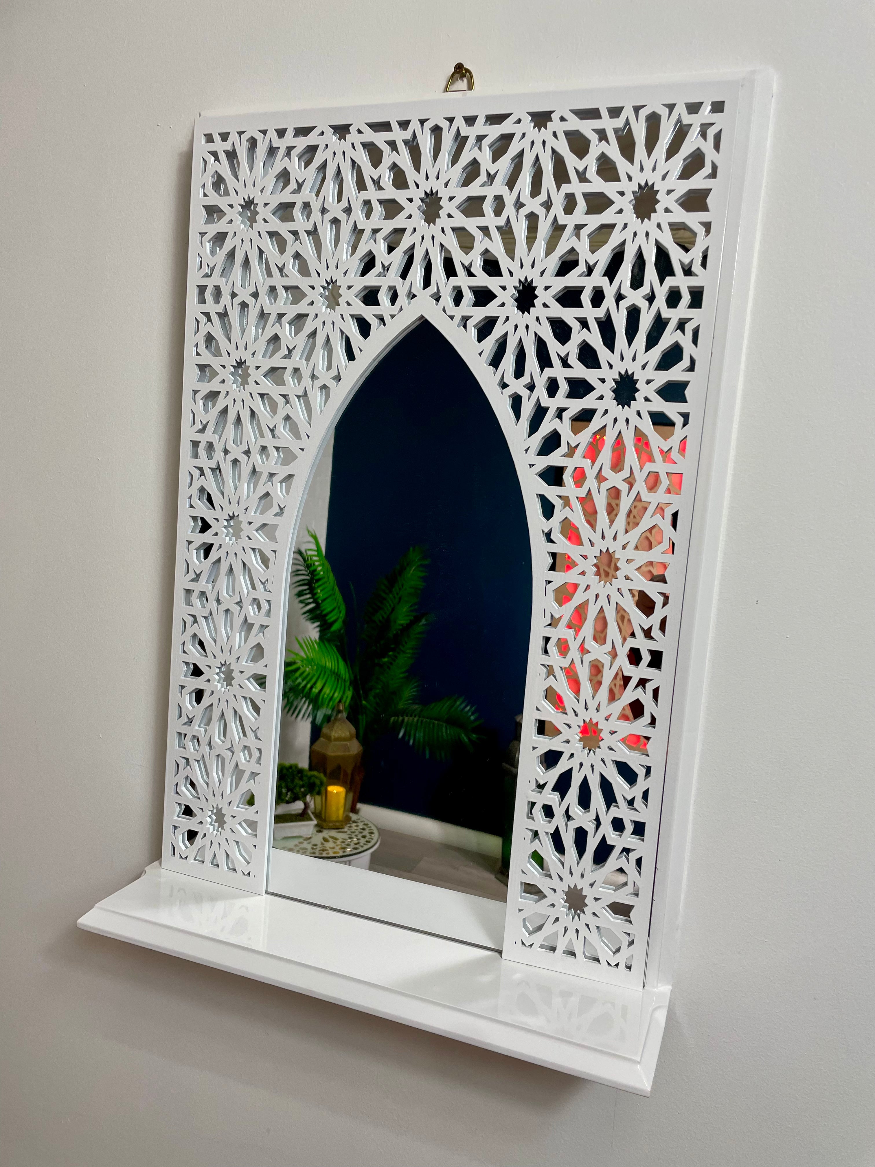 White Moroccan Arch Mirror Shelf  with Acrylic Mirror Safe for Kids Room